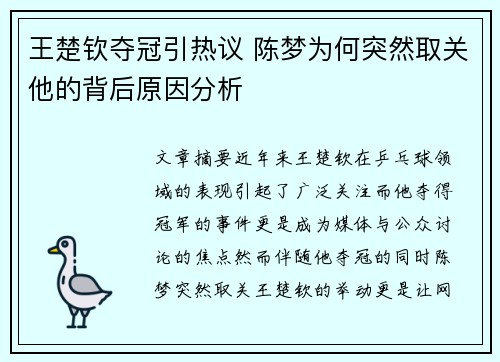王楚钦夺冠引热议 陈梦为何突然取关他的背后原因分析 王楚钦夺冠引热议 陈梦为何突然取关他的背后原因分析