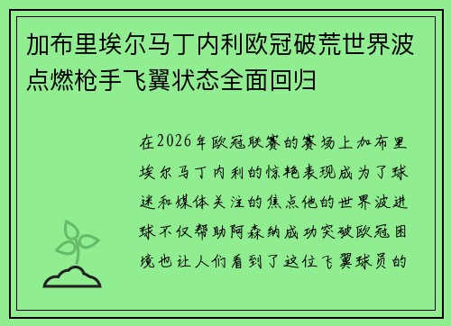 加布里埃尔马丁内利欧冠破荒世界波点燃枪手飞翼状态全面回归