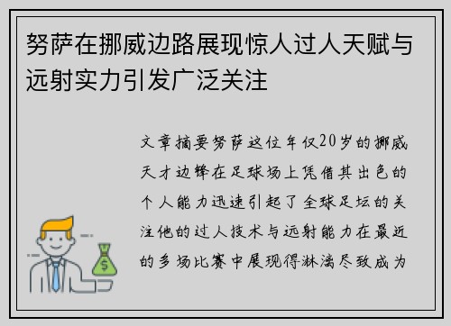 努萨在挪威边路展现惊人过人天赋与远射实力引发广泛关注