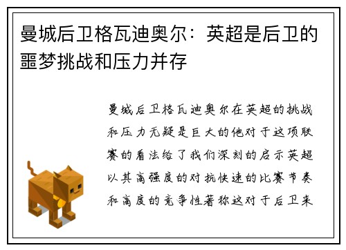曼城后卫格瓦迪奥尔：英超是后卫的噩梦挑战和压力并存
